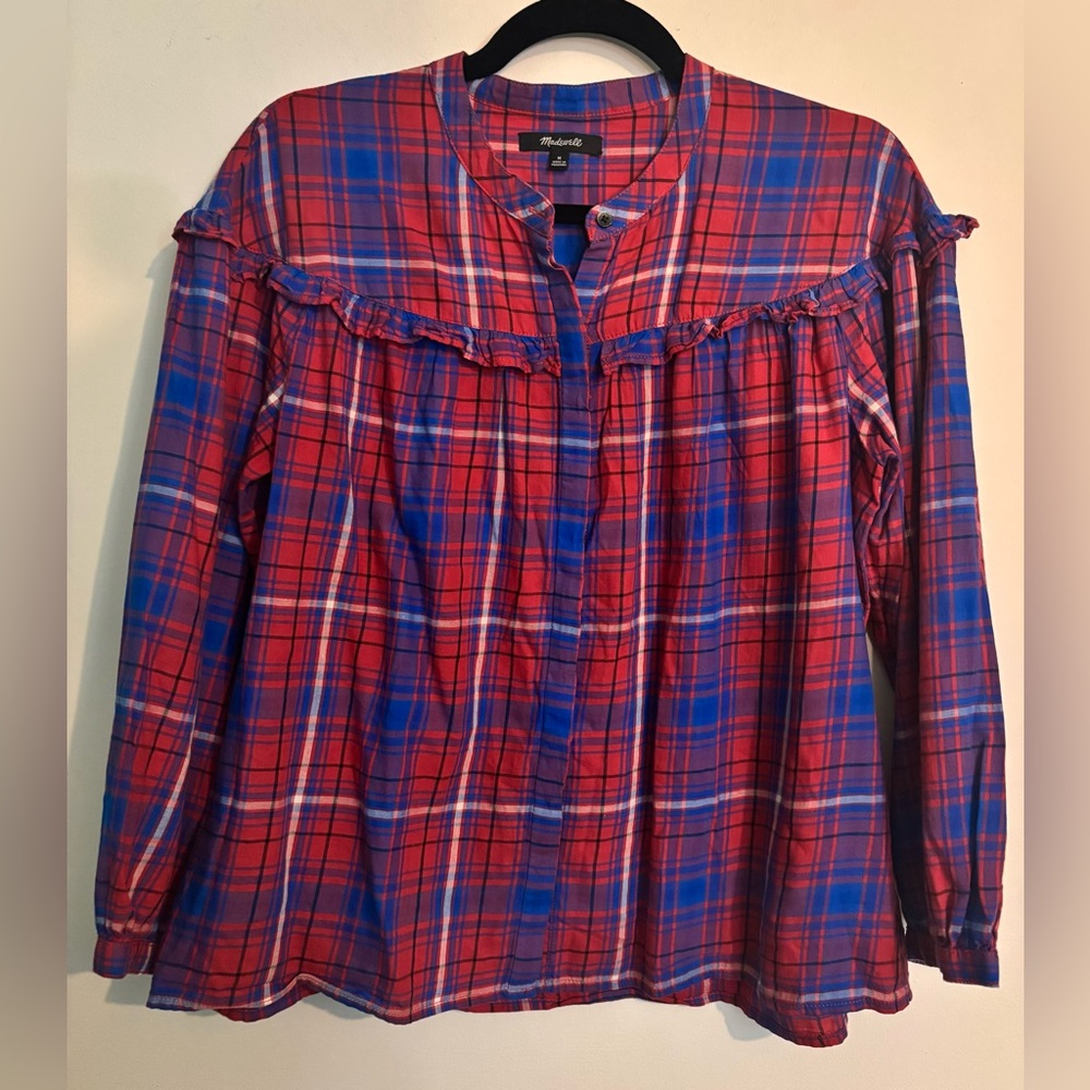 Madewell Womens Red White Blue Plaid Button-Down Ruffled Shirred Peasant Top Med